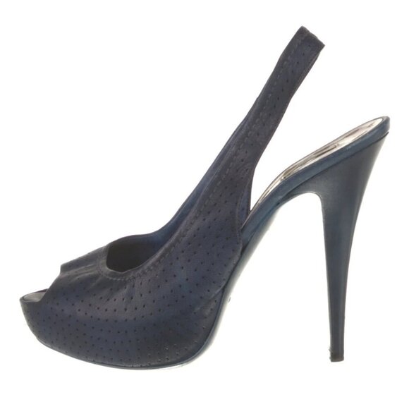 Miu Miu Shoes - Miu Miu Navy Blue Leather Lasercut Accents Slingback Sandals  US 9, IT 39